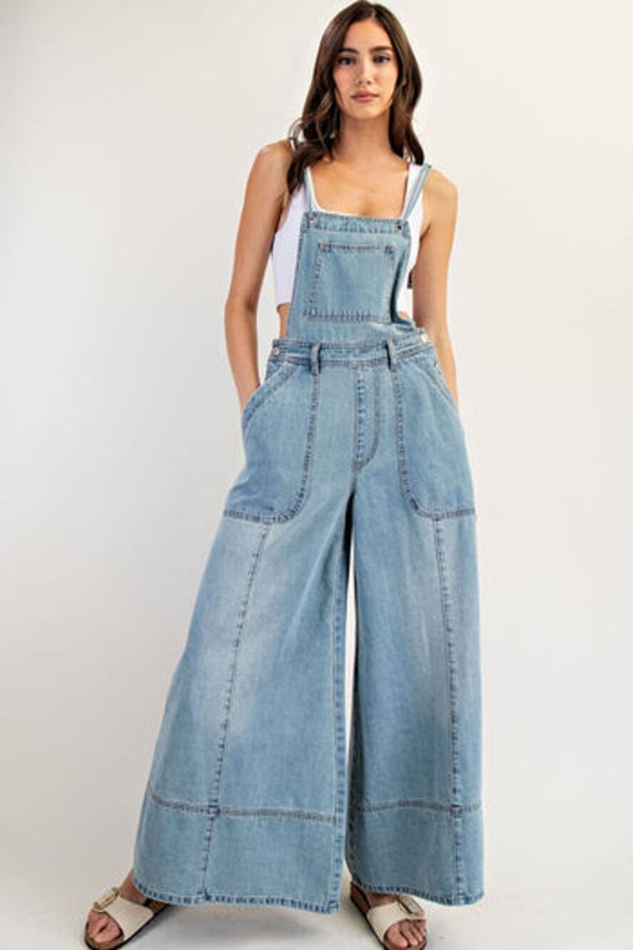 ee:some Mineral Washed Wide Leg Jumpsuit light Denim Overall Women's L 4145
